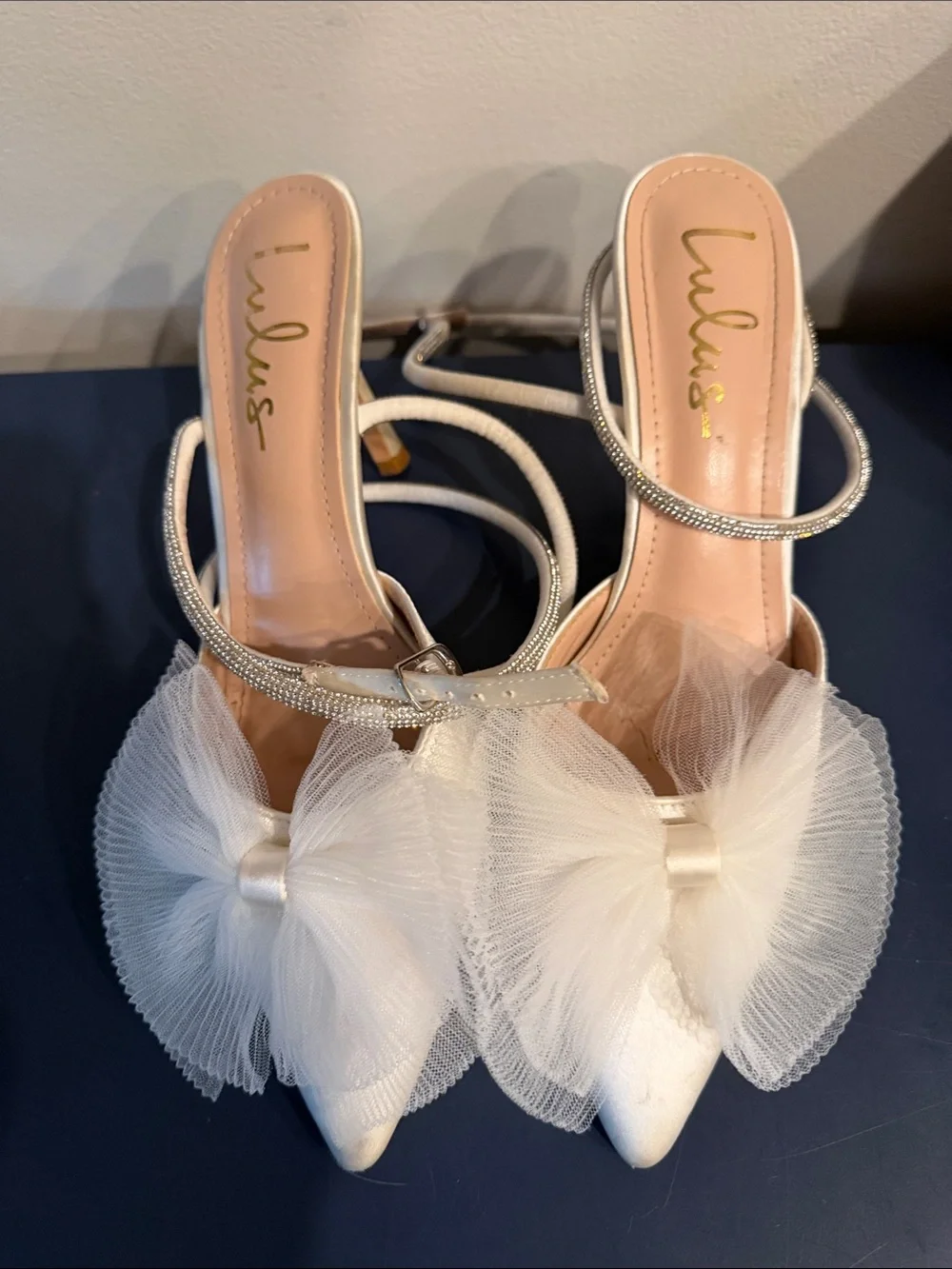 Lelanee White Satin Rhinestone Bow Ankle Strap Pumps by LuLus Size 9'